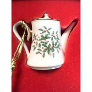 Lenox Miniature Teapot Ornament Holly Berry Gold Tassel Handcrafted In Thailand